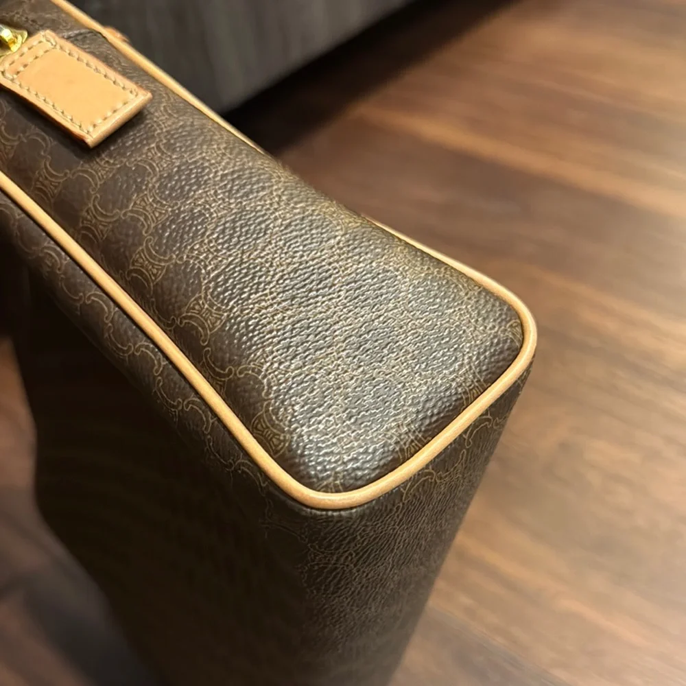 Celine Pre Owned Authentic Brown and Tan Toiletry Bag with Monogram Pattern.